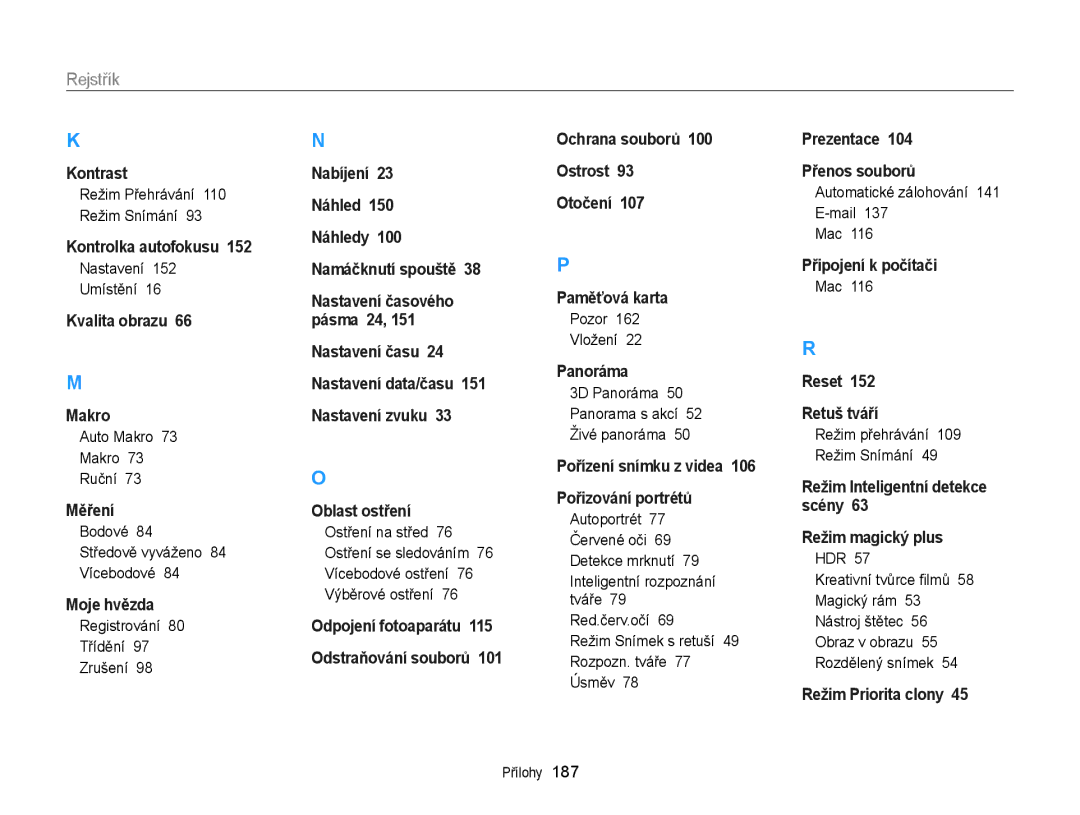 Samsung EC-EX2FZZBPBE3, EC-EX2FZZBPWE3 manual Rejstřík 