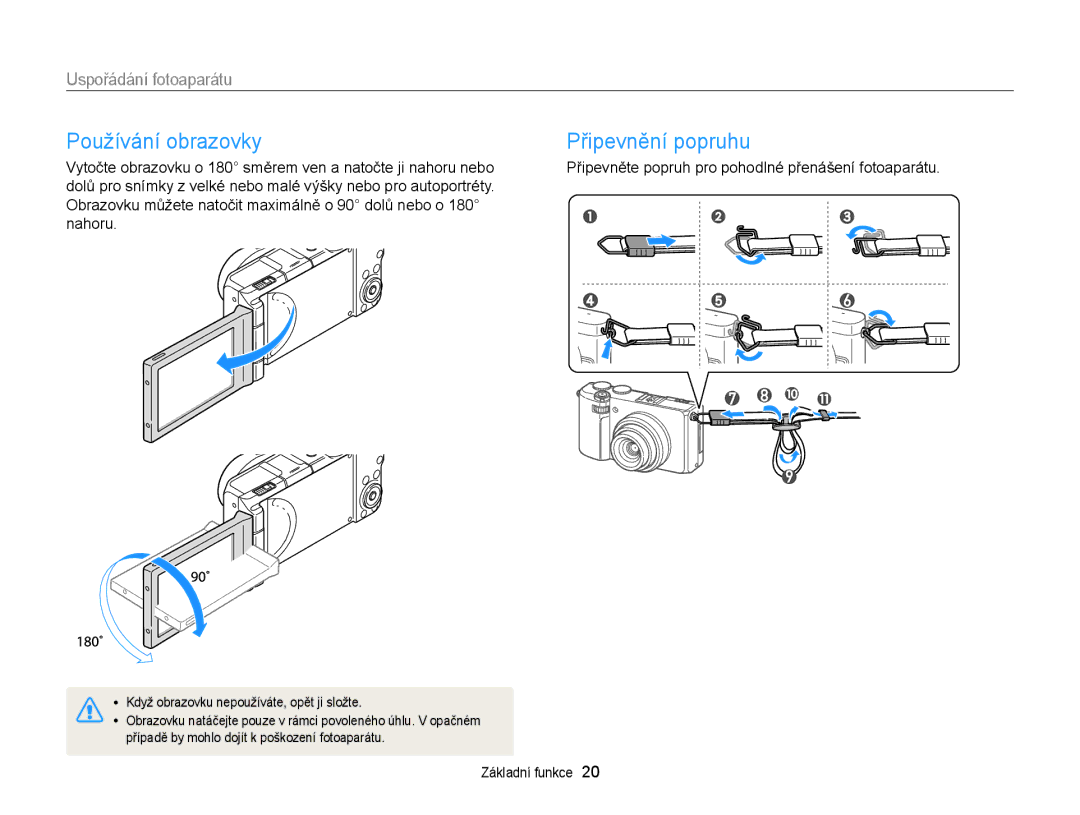 Samsung EC-EX2FZZBPWE3, EC-EX2FZZBPBE3 manual Používání obrazovky, Připevnění popruhu 