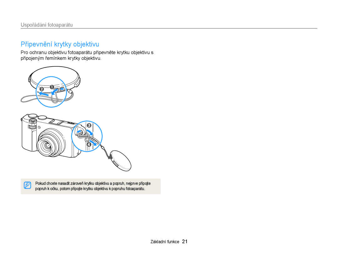 Samsung EC-EX2FZZBPBE3, EC-EX2FZZBPWE3 manual Připevnění krytky objektivu 