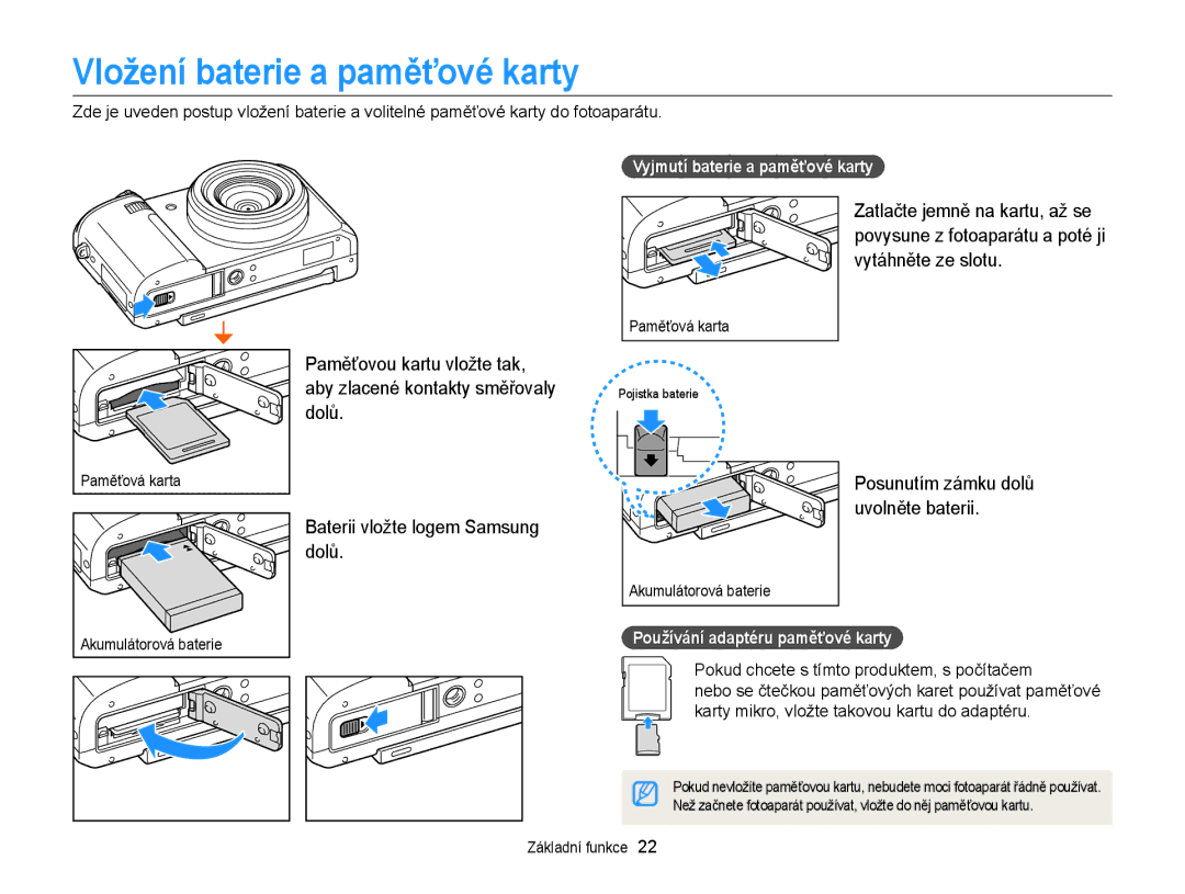 Samsung EC-EX2FZZBPWE3, EC-EX2FZZBPBE3 manual Vložení baterie a paměťové karty, Vyjmutí baterie a paměťové karty 