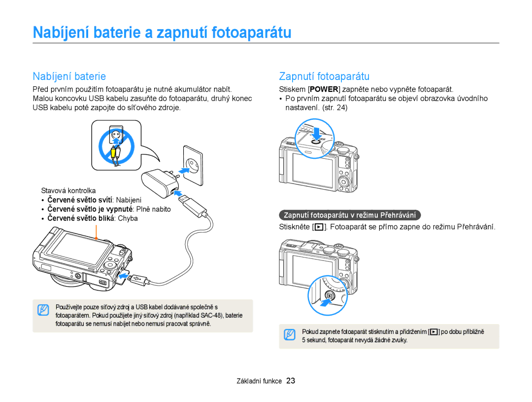 Samsung EC-EX2FZZBPBE3, EC-EX2FZZBPWE3 manual Nabíjení baterie a zapnutí fotoaparátu, Zapnutí fotoaparátu 