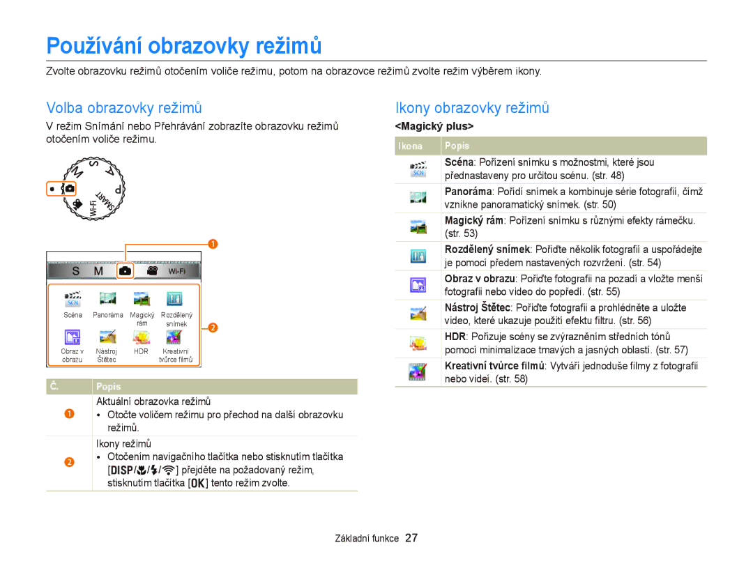 Samsung EC-EX2FZZBPBE3 manual Používání obrazovky režimů, Volba obrazovky režimů, Ikony obrazovky režimů, Magický plus 