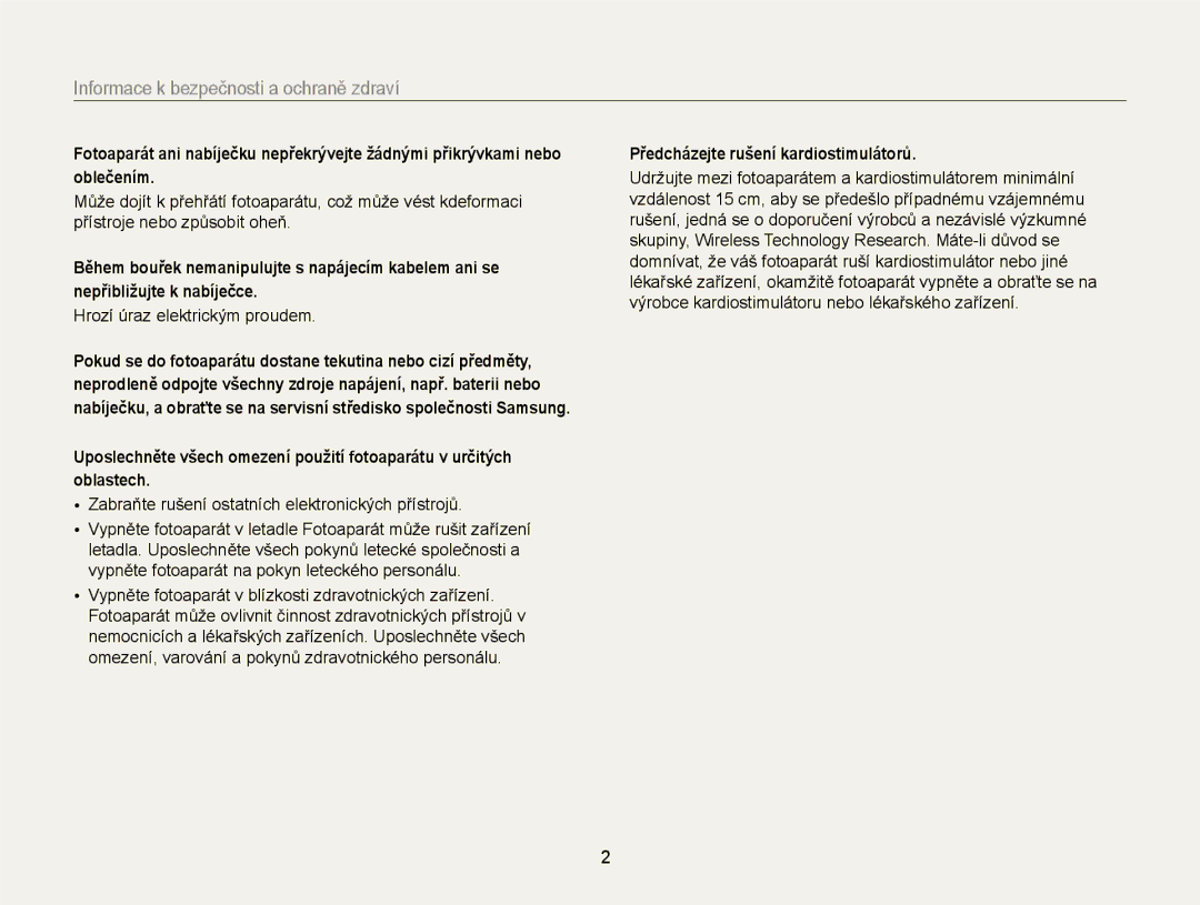 Samsung EC-EX2FZZBPWE3 manual Informace k bezpečnosti a ochraně zdraví, Zabraňte rušení ostatních elektronických přístrojů 