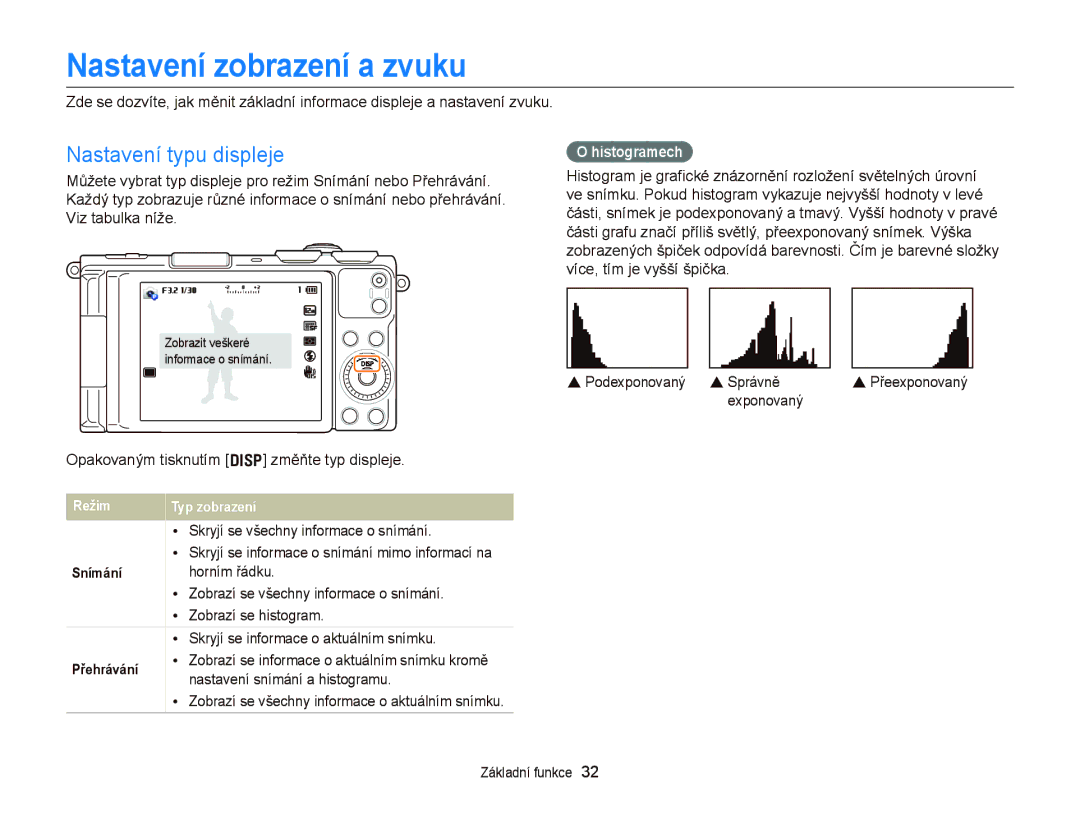 Samsung EC-EX2FZZBPWE3, EC-EX2FZZBPBE3 manual Nastavení zobrazení a zvuku, Nastavení typu displeje, Histogramech 