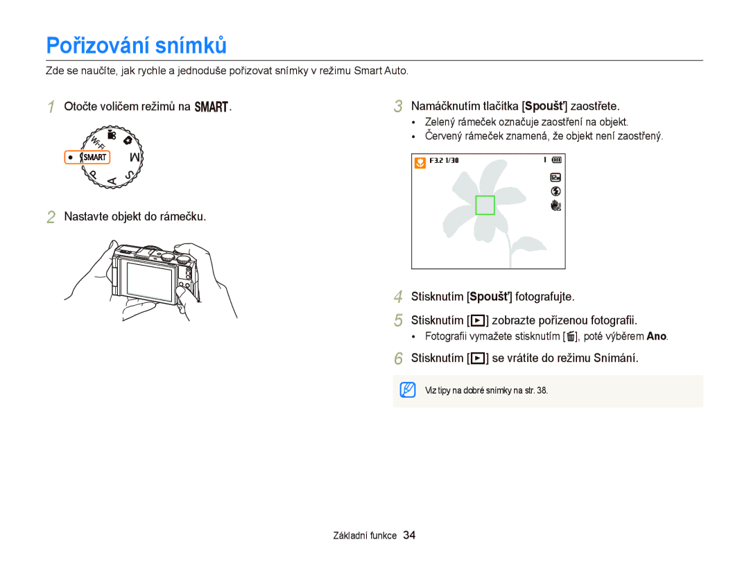 Samsung EC-EX2FZZBPWE3, EC-EX2FZZBPBE3 manual Pořizování snímků, Stisknutím P se vrátíte do režimu Snímání 