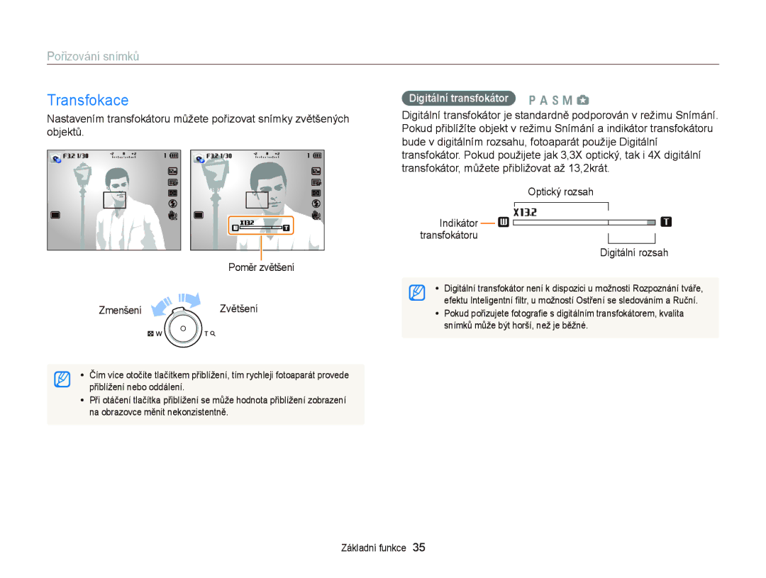 Samsung EC-EX2FZZBPBE3, EC-EX2FZZBPWE3 manual Transfokace, Pořizování snímků, Digitální transfokátor p a h M g 