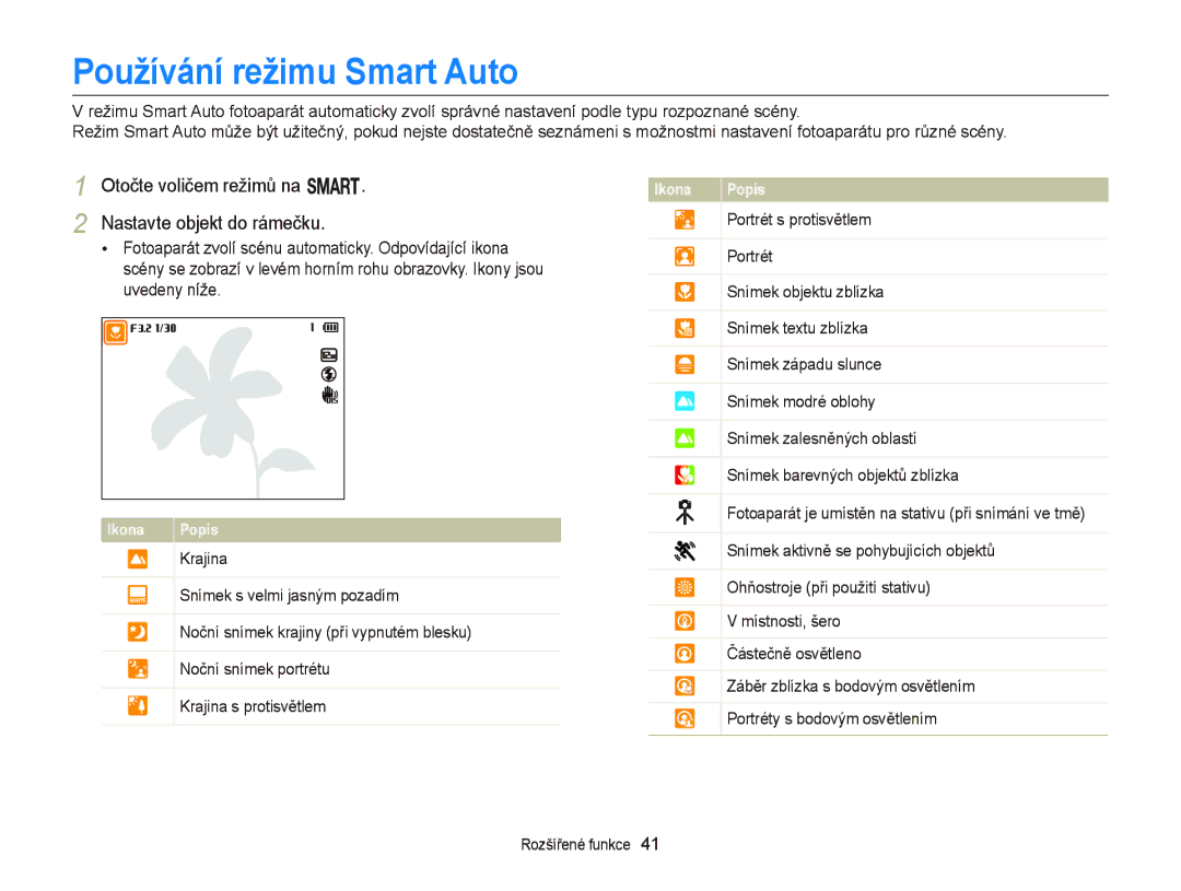 Samsung EC-EX2FZZBPBE3, EC-EX2FZZBPWE3 Používání režimu Smart Auto, Otočte voličem režimů na T Nastavte objekt do rámečku 