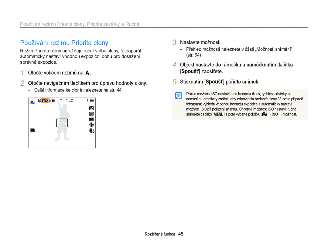 Samsung EC-EX2FZZBPBE3 manual Používání režimu Priorita clony, Používánírežimu Priorita clony, Priorita závěrky a Ručně 