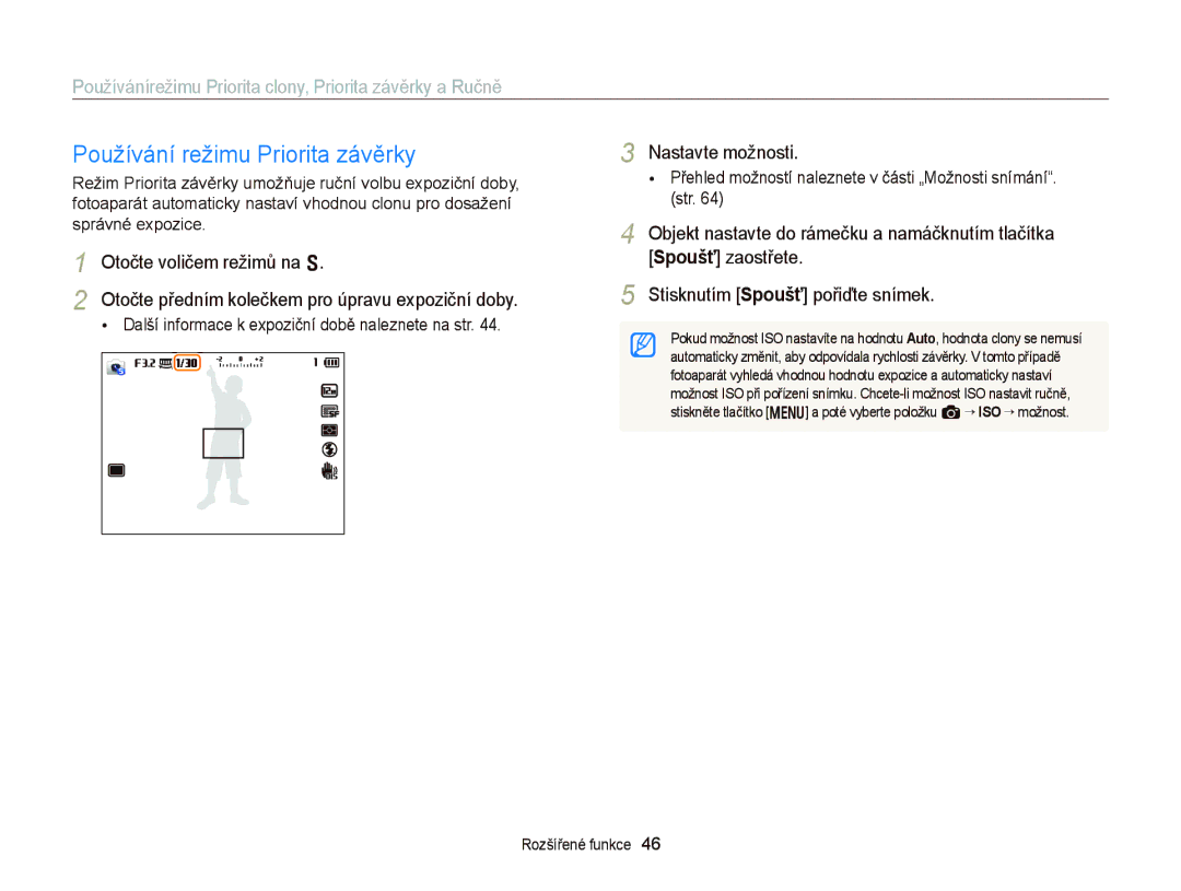 Samsung EC-EX2FZZBPWE3 manual Používání režimu Priorita závěrky, Další informace k expoziční době naleznete na str 