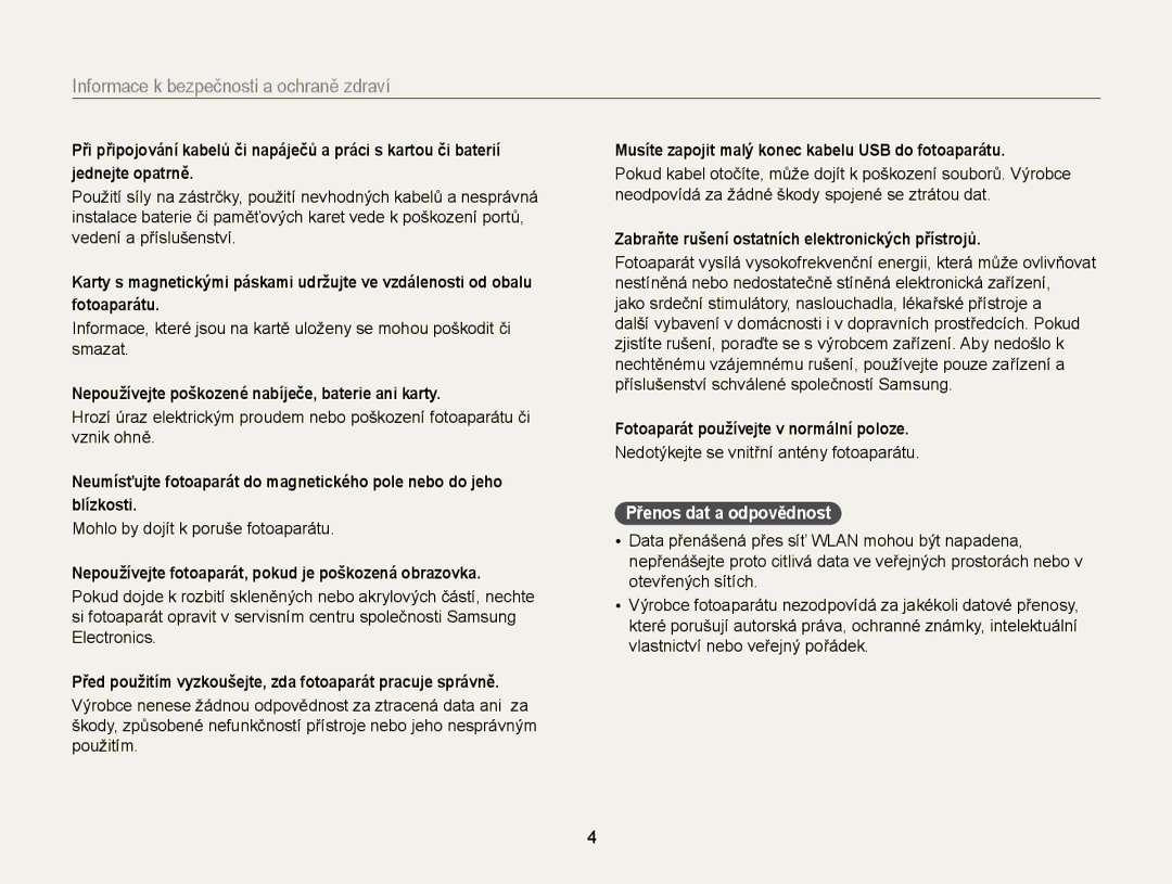 Samsung EC-EX2FZZBPWE3, EC-EX2FZZBPBE3 manual Přenos dat a odpovědnost 