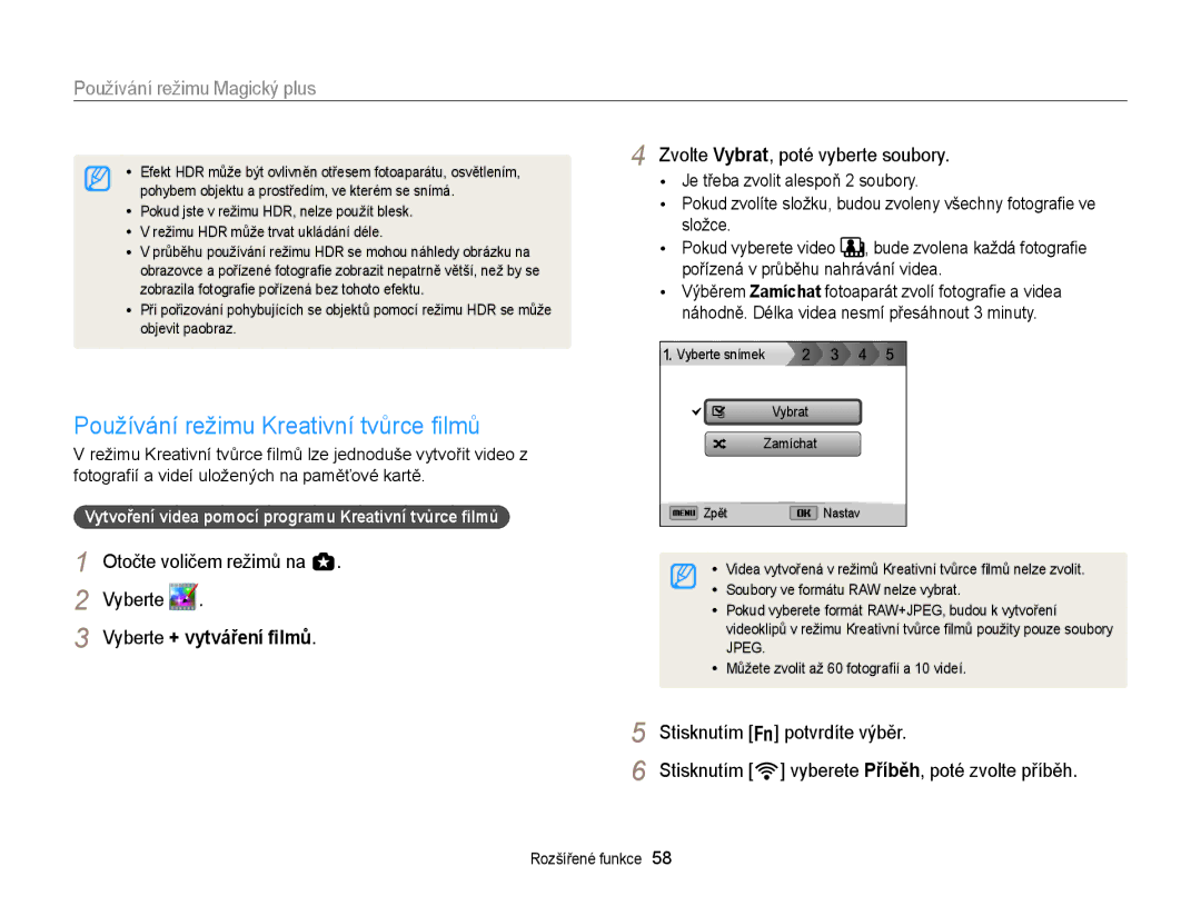 Samsung EC-EX2FZZBPWE3 manual Používání režimu Kreativní tvůrce ﬁlmů, Vytvoření videa pomocí programu Kreativní tvůrce ﬁlmů 