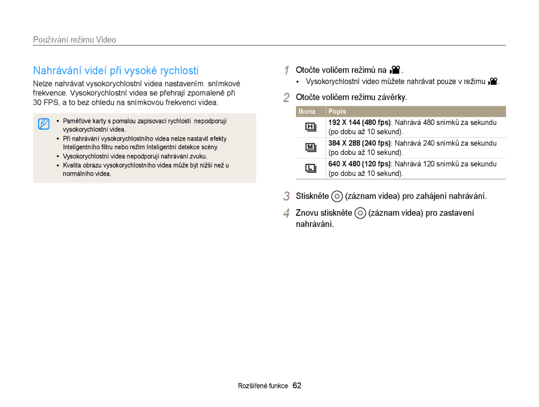 Samsung EC-EX2FZZBPWE3 manual Nahrávání videí při vysoké rychlosti, Otočte voličem režimů na, Otočte voličem režimu závěrky 