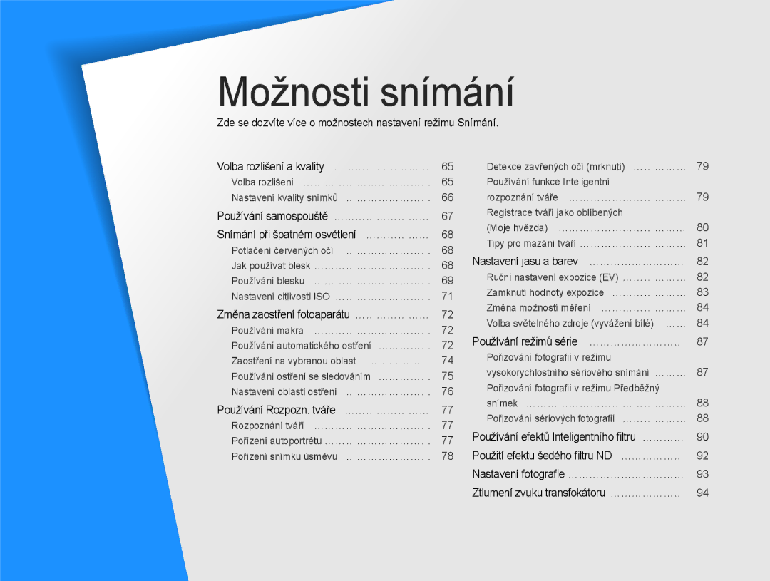 Samsung EC-EX2FZZBPWE3, EC-EX2FZZBPBE3 manual Možnosti snímání, Zde se dozvíte více o možnostech nastavení režimu Snímání 