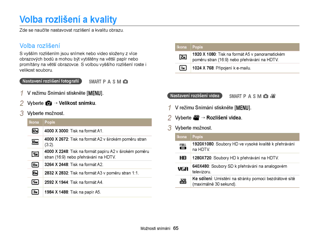 Samsung EC-EX2FZZBPBE3, EC-EX2FZZBPWE3 Volba rozlišení a kvality, Režimu Snímání stiskněte m Vyberte a “ Velikost snímku 