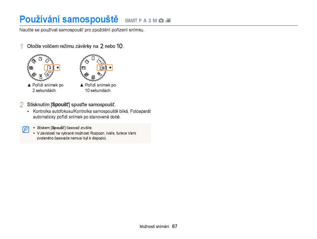 Samsung EC-EX2FZZBPBE3, EC-EX2FZZBPWE3 manual Používání samospouště T p a h M g, Otočte voličem režimu závěrky na nebo 