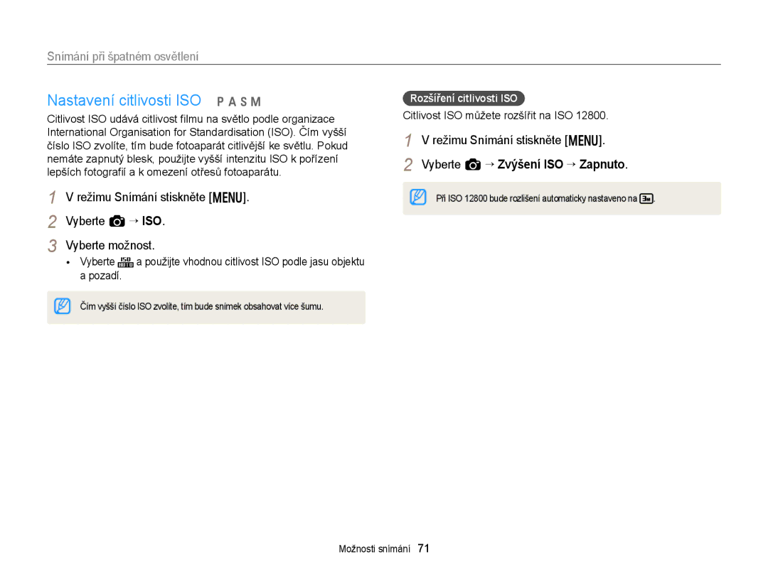 Samsung EC-EX2FZZBPBE3 manual Nastavení citlivosti ISO p a h M, Vyberte a “ Zvýšení ISO “ Zapnuto, Rozšíření citlivosti ISO 