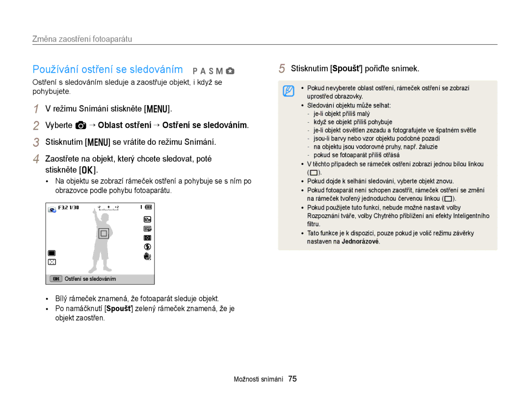 Samsung EC-EX2FZZBPBE3 manual Používání ostření se sledováním p a h M g, Zaostřete na objekt, který chcete sledovat, poté 