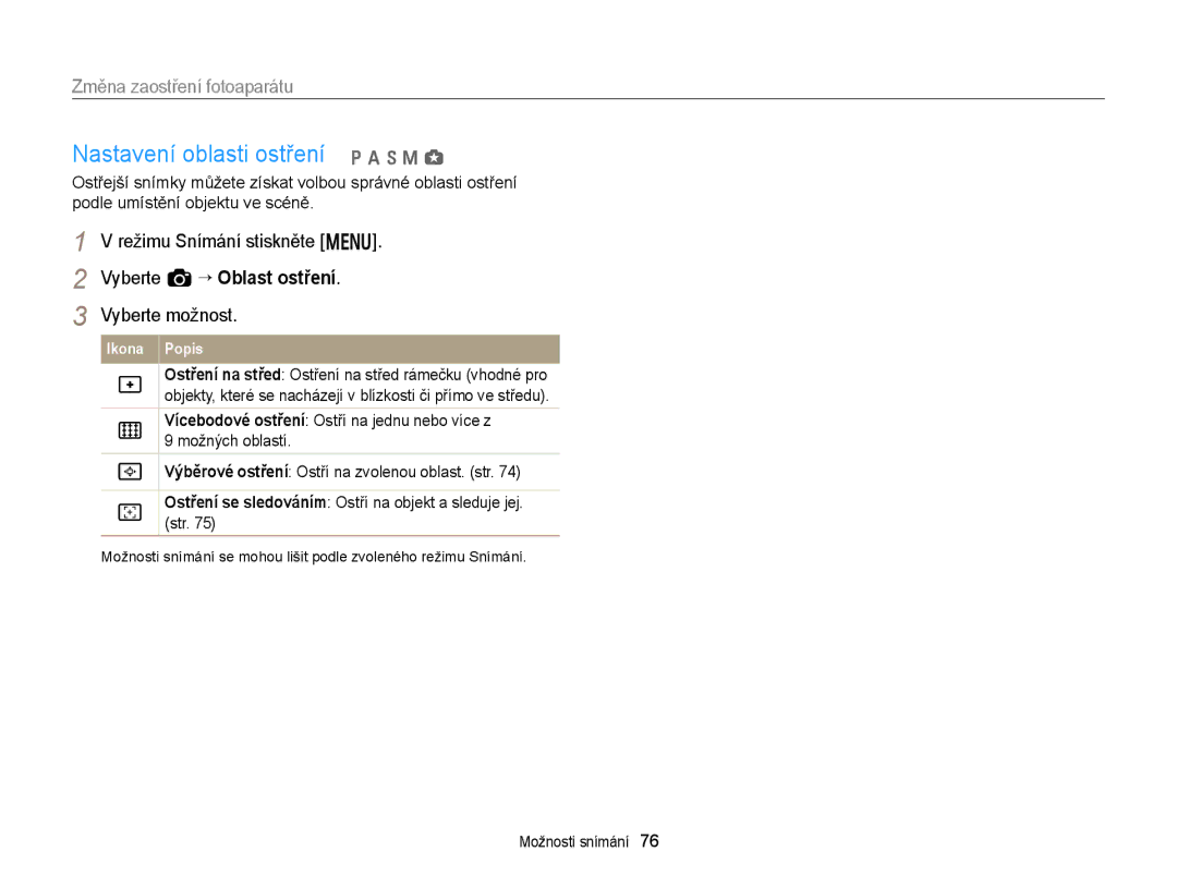 Samsung EC-EX2FZZBPWE3 manual Nastavení oblasti ostření p a h M g, Režimu Snímání stiskněte m Vyberte a “ Oblast ostření 