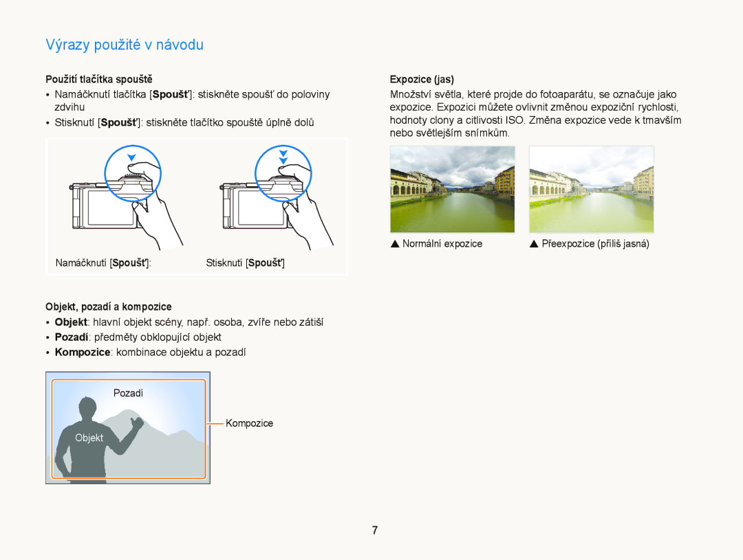 Samsung EC-EX2FZZBPBE3 manual Výrazy použité v návodu, Použití tlačítka spouště, Expozice jas, Objekt, pozadí a kompozice 