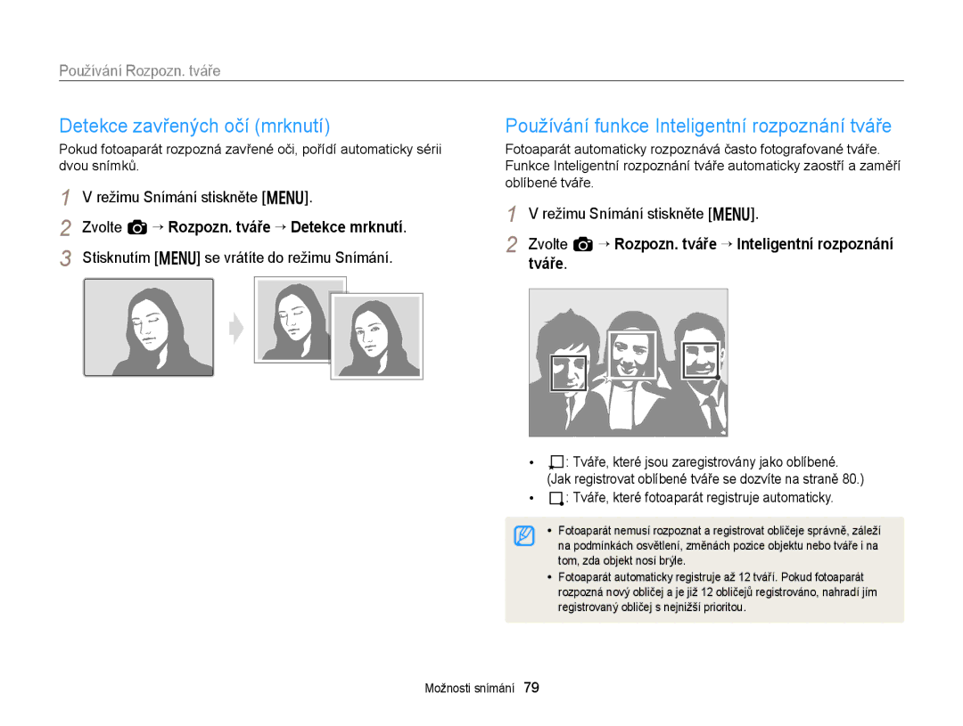 Samsung EC-EX2FZZBPBE3, EC-EX2FZZBPWE3 manual Detekce zavřených očí mrknutí, Používání funkce Inteligentní rozpoznání tváře 