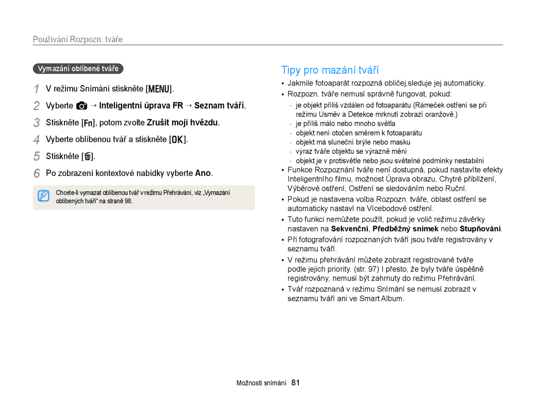 Samsung EC-EX2FZZBPBE3, EC-EX2FZZBPWE3 manual Tipy pro mazání tváří, Vymazání oblíbené tváře 