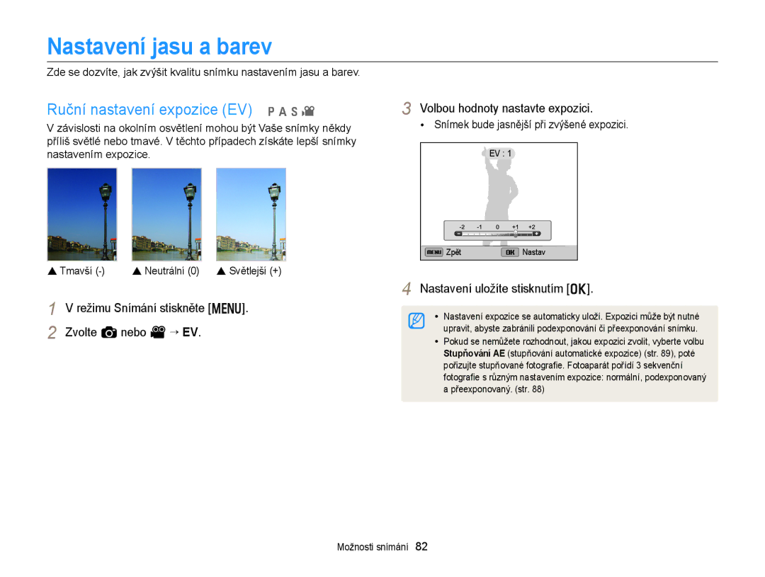 Samsung EC-EX2FZZBPWE3, EC-EX2FZZBPBE3 manual Nastavení jasu a barev, Ruční nastavení expozice EV p a h 