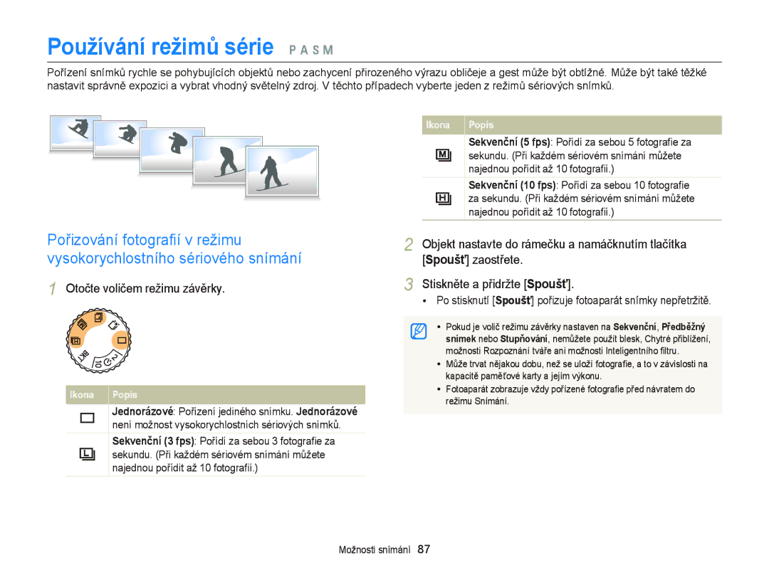 Samsung EC-EX2FZZBPBE3, EC-EX2FZZBPWE3 manual Pořizování fotograﬁí v režimu, Vysokorychlostního sériového snímání 