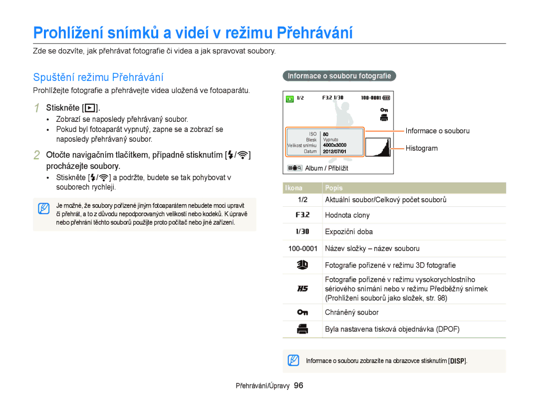 Samsung EC-EX2FZZBPWE3, EC-EX2FZZBPBE3 manual Prohlížení snímků a videí v režimu Přehrávání, Stiskněte P, Histogram 