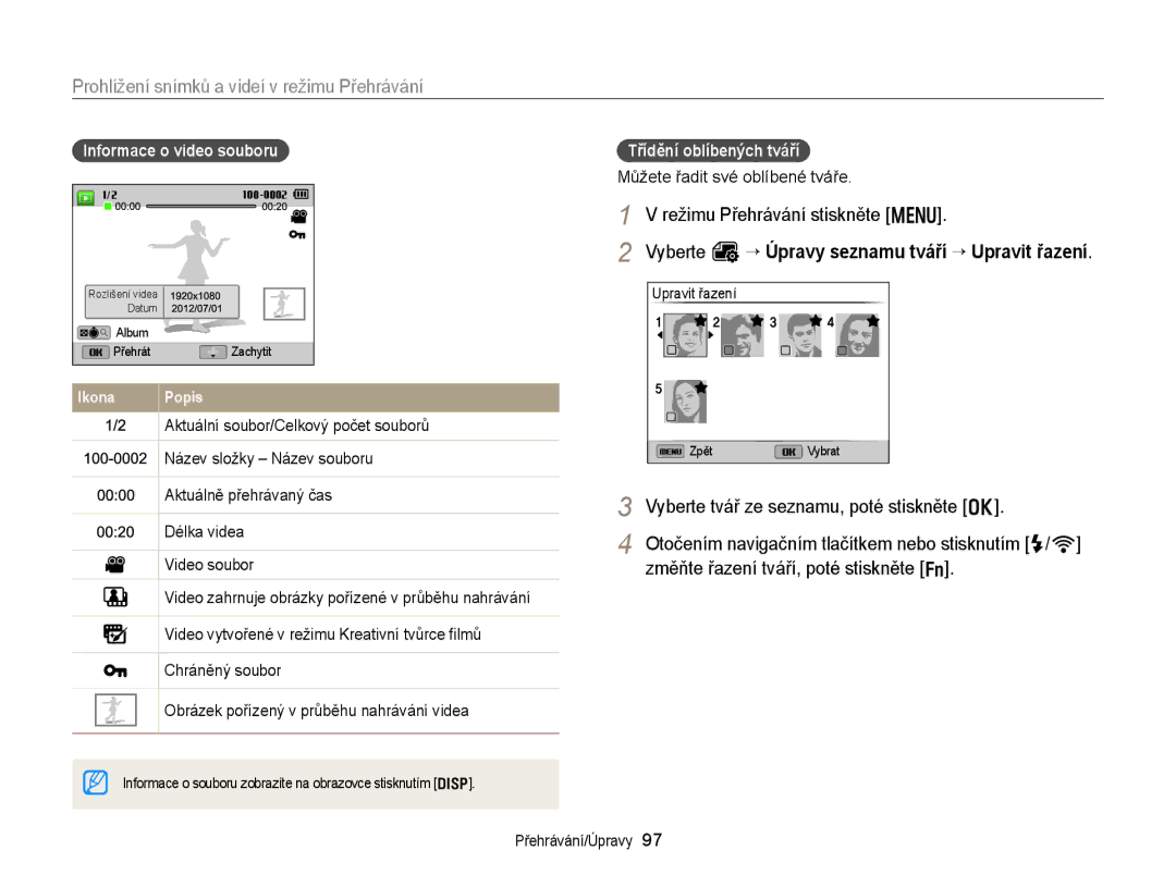 Samsung EC-EX2FZZBPBE3, EC-EX2FZZBPWE3 manual Prohlížení snímků a videí v režimu Přehrávání, Režimu Přehrávání stiskněte m 