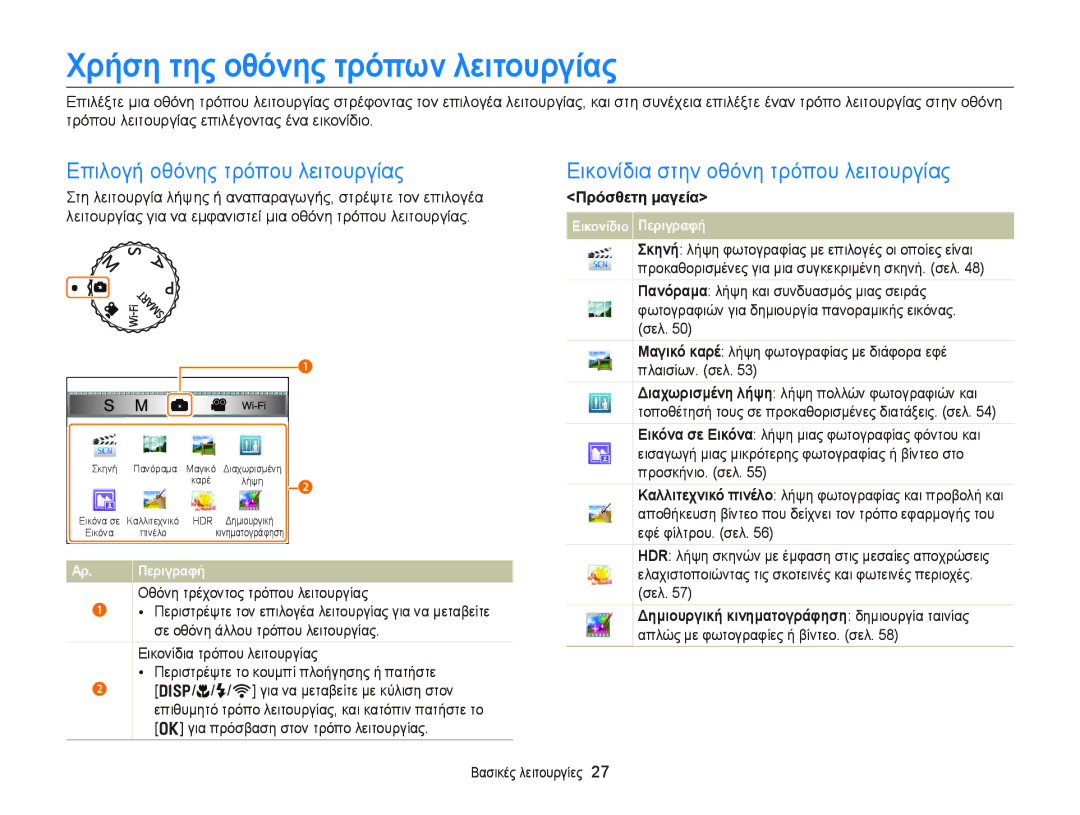 Samsung EC-EX2FZZBPBE3 manual Χρήση της οθόνης τρόπων λειτουργίας, Επιλογή οθόνης τρόπου λειτουργίας, Πρόσθετη μαγεία 