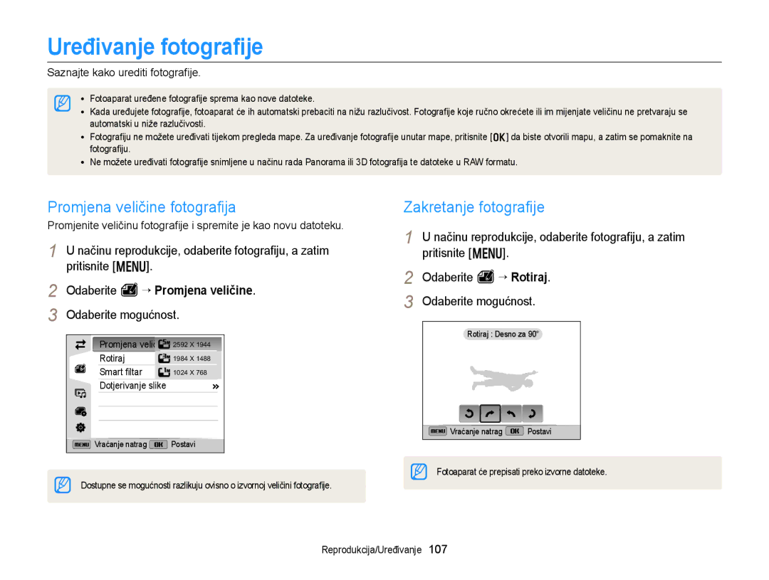 Samsung EC-EX2FZZBPBE3, EC-EX2FZZBPWE3 manual Uređivanje fotograﬁje, Promjena veličine fotograﬁja, Zakretanje fotograﬁje 