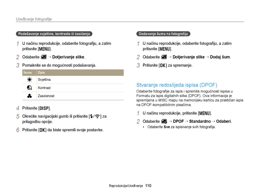 Samsung EC-EX2FZZBPWE3 manual Stvaranje redoslijeda ispisa Dpof, Pomaknite se do mogućnosti podašavanja, Prilagodbu opcije 