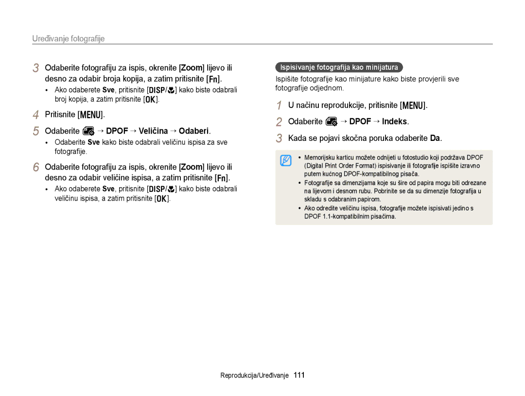 Samsung EC-EX2FZZBPBE3, EC-EX2FZZBPWE3 manual Odaberite O “ Dpof “ Veličina “ Odaberi, Ispisivanje fotograﬁja kao minijatura 