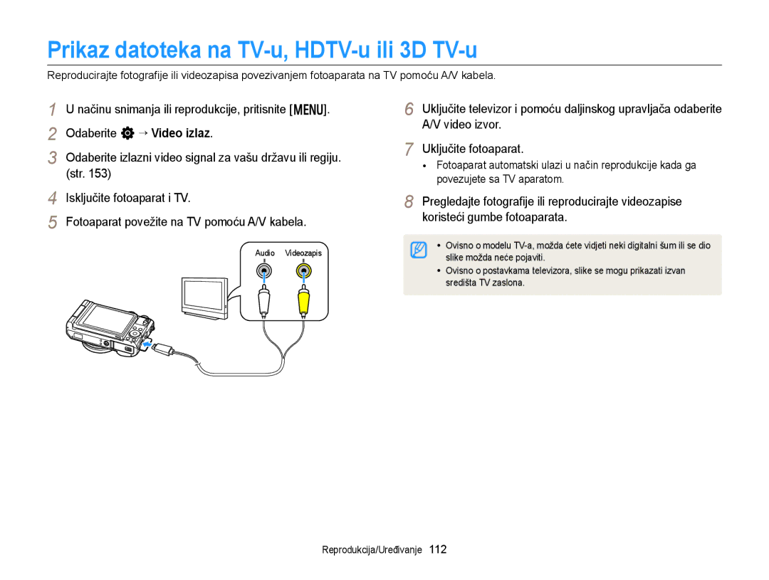 Samsung EC-EX2FZZBPWE3, EC-EX2FZZBPBE3 manual Prikaz datoteka na TV-u, HDTV-u ili 3D TV-u, Isključite fotoaparat i TV 