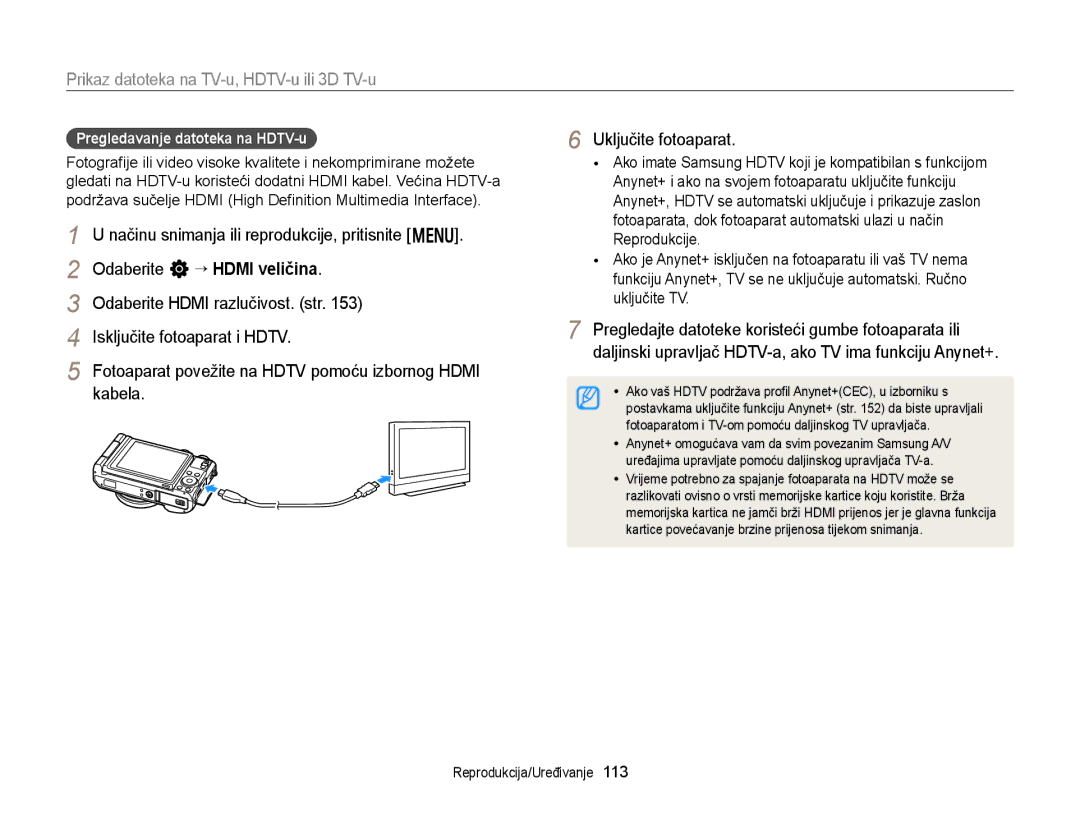 Samsung EC-EX2FZZBPBE3, EC-EX2FZZBPWE3 manual Prikaz datoteka na TV-u, HDTV-u ili 3D TV-u, Uključite fotoaparat 