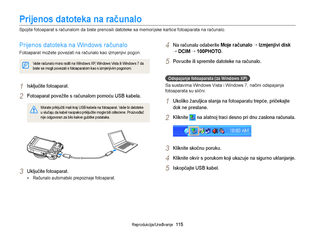 Samsung EC-EX2FZZBPBE3, EC-EX2FZZBPWE3 manual Prijenos datoteka na računalo, Prijenos datoteka na Windows računalo 