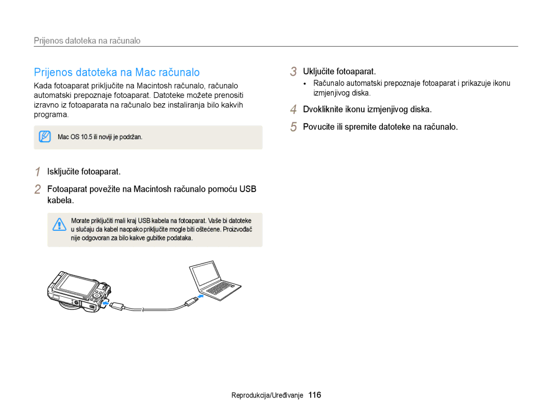 Samsung EC-EX2FZZBPWE3, EC-EX2FZZBPBE3 manual Prijenos datoteka na Mac računalo, Prijenos datoteka na računalo 