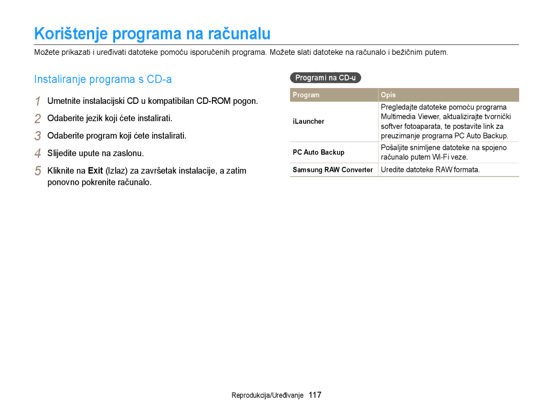 Samsung EC-EX2FZZBPBE3, EC-EX2FZZBPWE3 Korištenje programa na računalu, Instaliranje programa s CD-a, Programi na CD-u 