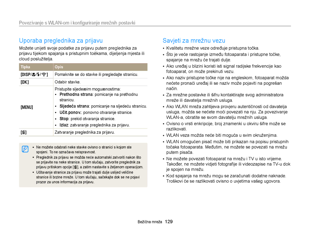 Samsung EC-EX2FZZBPBE3, EC-EX2FZZBPWE3 manual Uporaba preglednika za prijavu, Savjeti za mrežnu vezu 