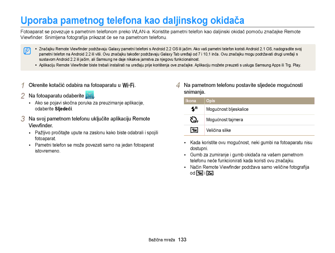 Samsung EC-EX2FZZBPBE3, EC-EX2FZZBPWE3 manual Uporaba pametnog telefona kao daljinskog okidača 