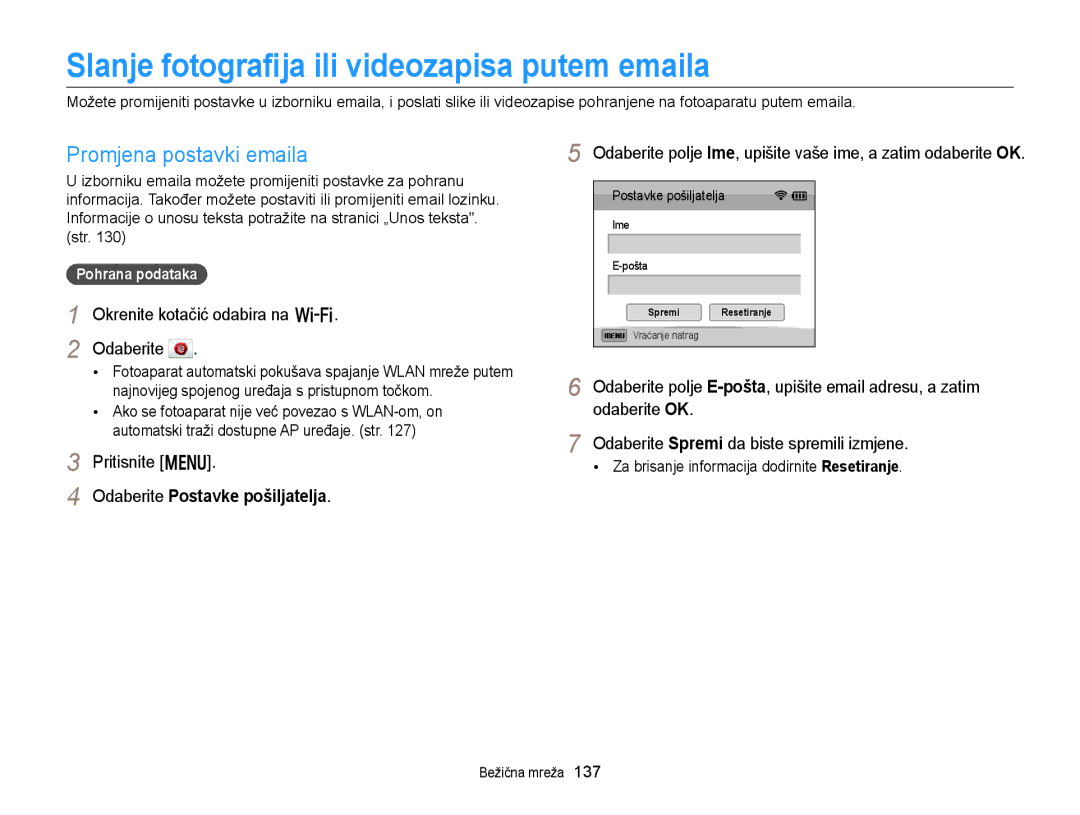 Samsung EC-EX2FZZBPBE3 manual Slanje fotograﬁja ili videozapisa putem emaila, Promjena postavki emaila, Pohrana podataka 