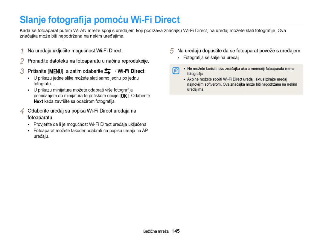 Samsung EC-EX2FZZBPBE3 Slanje fotograﬁja pomoću Wi-Fi Direct, Na uređaju uključite mogućnost Wi-Fi Direct, “ Wi-Fi Direct 