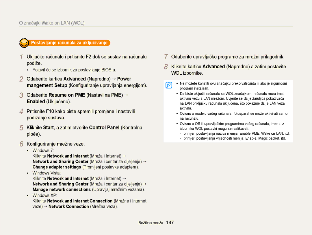 Samsung EC-EX2FZZBPBE3, EC-EX2FZZBPWE3 manual Značajki Wake on LAN WOL 