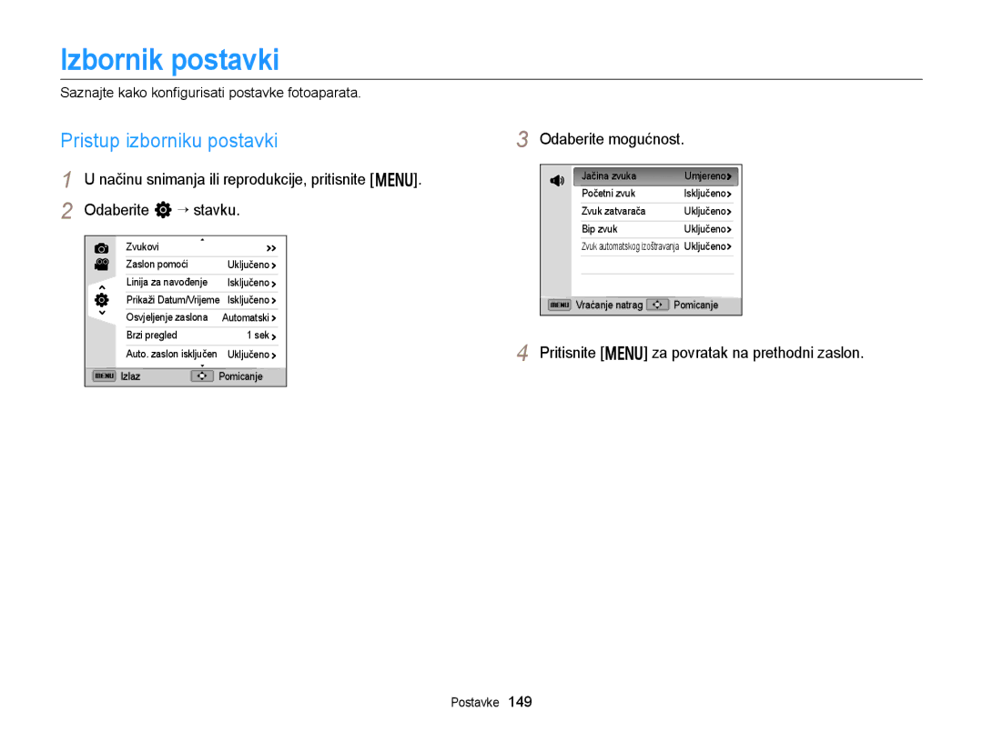 Samsung EC-EX2FZZBPBE3 manual Izbornik postavki, Pristup izborniku postavki, Pritisnite m za povratak na prethodni zaslon 