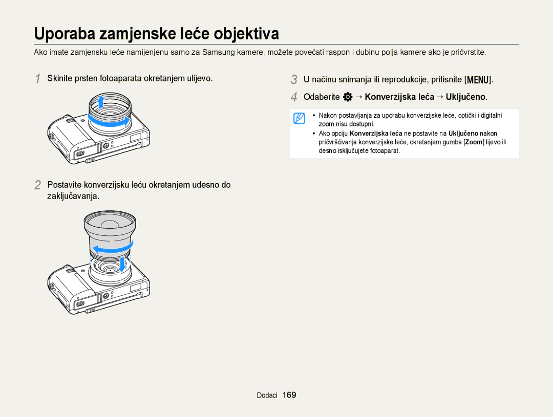 Samsung EC-EX2FZZBPBE3, EC-EX2FZZBPWE3 Uporaba zamjenske leće objektiva, Skinite prsten fotoaparata okretanjem ulijevo 