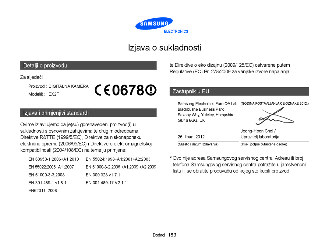 Samsung EC-EX2FZZBPBE3, EC-EX2FZZBPWE3 manual Izjava o sukladnosti, Za sljedeći 