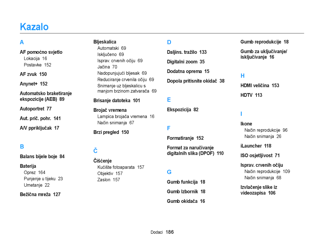 Samsung EC-EX2FZZBPWE3, EC-EX2FZZBPBE3 manual Kazalo, Lokacija Postavke, Oprez 164 Punjenje u tijeku 23 Umetanje 