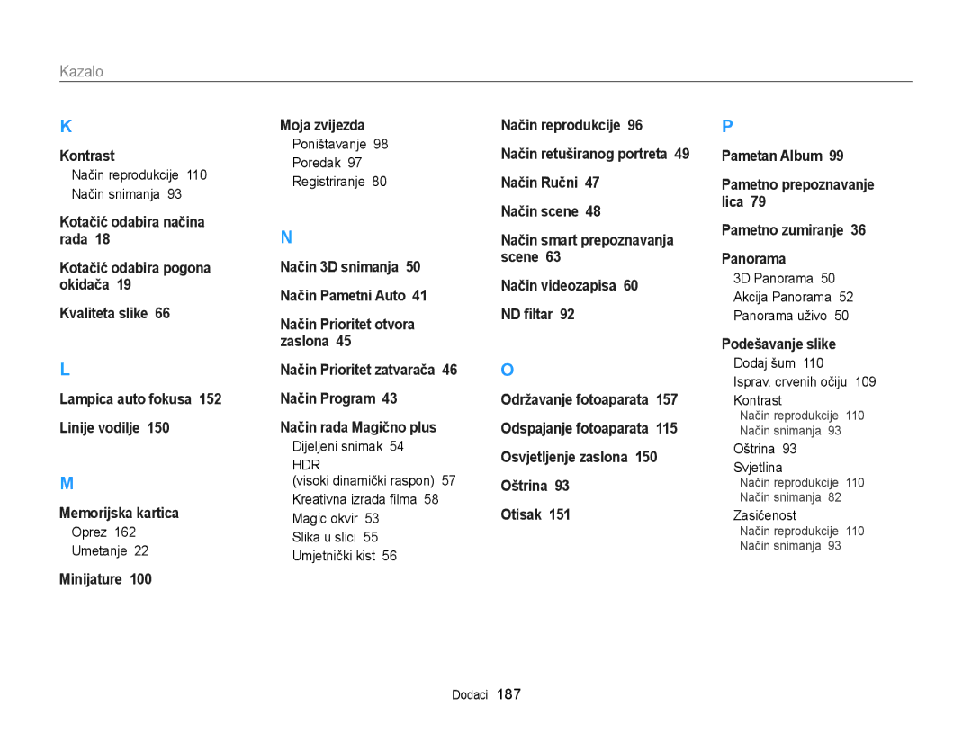 Samsung EC-EX2FZZBPBE3, EC-EX2FZZBPWE3 manual Kazalo, Oprez Umetanje, Poništavanje Poredak Registriranje, Oštrina Svjetlina 