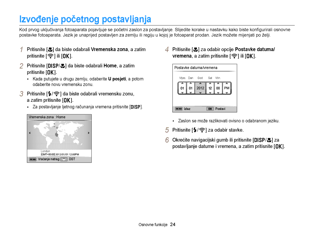 Samsung EC-EX2FZZBPWE3, EC-EX2FZZBPBE3 manual Izvođenje početnog postavljanja, Pritisnite F/t za odabir stavke 