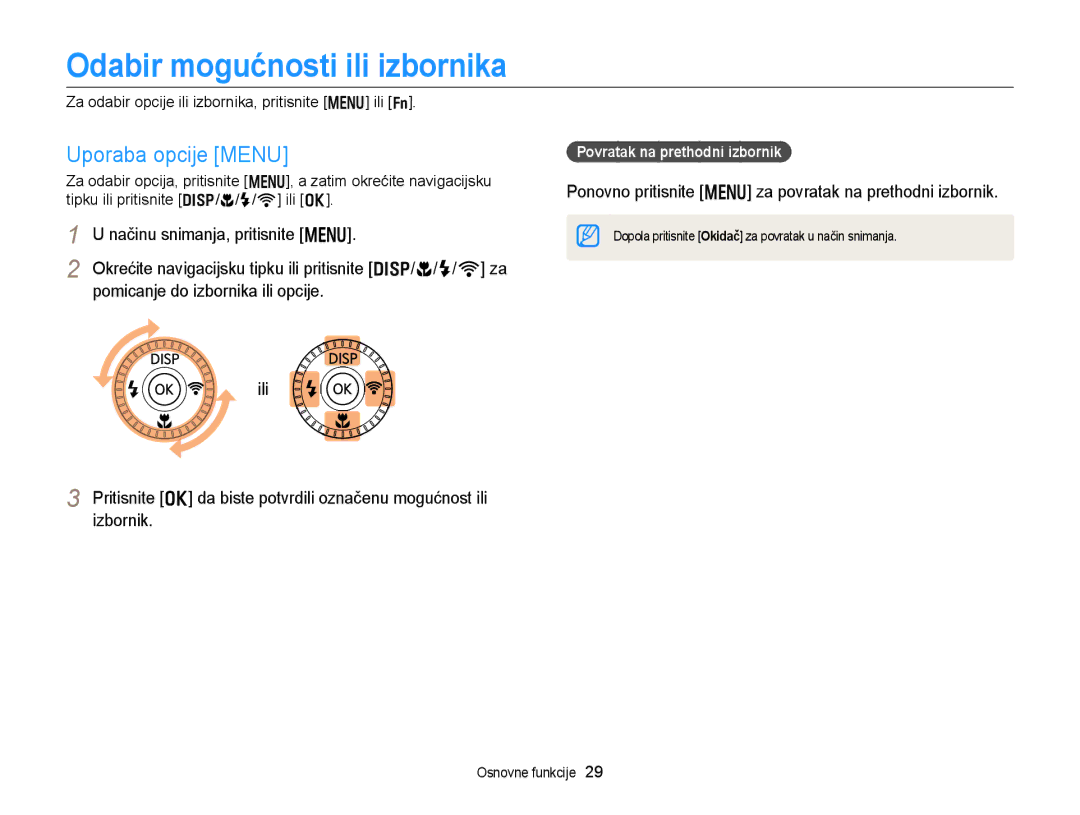 Samsung EC-EX2FZZBPBE3 manual Odabir mogućnosti ili izbornika, Uporaba opcije Menu, Povratak na prethodni izbornik 